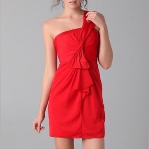 Bcbgmaxazria Palais Red Bow Pleated One Shoulder Sexy Silky Crepe Mini Dress